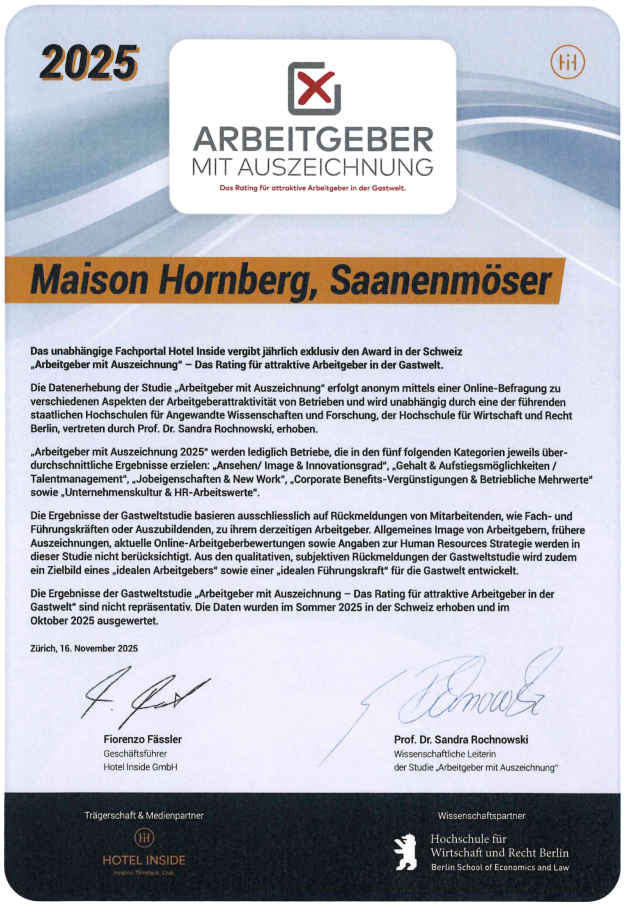 Hotel MAISON HORNBERG Urkunde Auszeichnung bester Arbeitsgeber